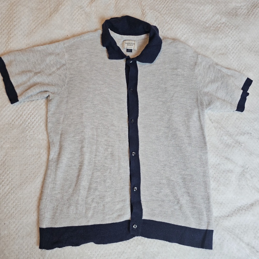 American Eagle Collared Henley Shirt Small Waffle Knit Mens Classic Fit Preppy